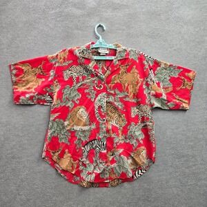 VINTAGE Caribou Women Button Up Shirt 10 Red Animal Print Wildlife Animals USA
